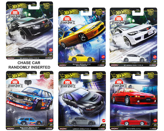 Hot Wheels Ronin Run II full set with Pandem R32 Skyline, new Civic Type R, Mad Mike RX-3 Wagon, Evo IX, and ‘89 Supra.