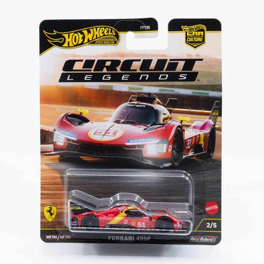 Hot Wheels Car Culture Circuit Legends Ferrari 499P diecast car model in 1:64 scale with racing decals and aerodynamic design