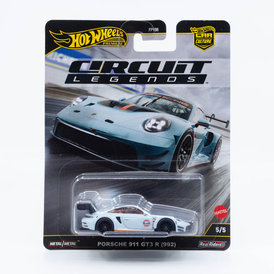 Hot Wheels Car Culture Circuit Legends Porsche 911 GT3 R (992) diecast model in 1:64 scale with Gulf blue and orange racing livery