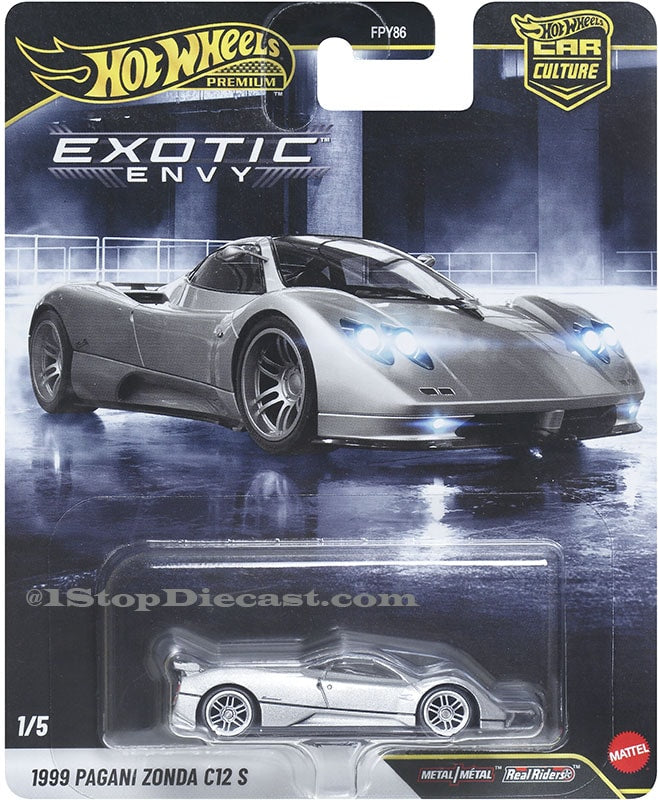 Hot Wheels Car Culture Exotic Envy 2027 five-car set with Pagani Zonda C12 S, Ferrari F40, Bugatti EB110 SS, Porsche 911 GT1 and Dodge Viper