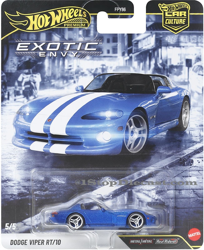 Hot Wheels Car Culture Exotic Envy 2027 five-car set with Pagani Zonda C12 S, Ferrari F40, Bugatti EB110 SS, Porsche 911 GT1 and Dodge Viper