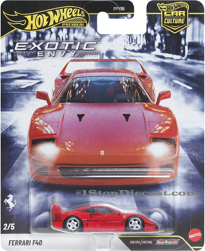 Hot Wheels Car Culture Exotic Envy 2027 five-car set with Pagani Zonda C12 S, Ferrari F40, Bugatti EB110 SS, Porsche 911 GT1 and Dodge Viper