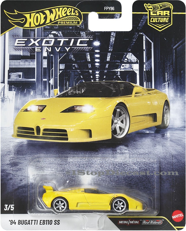 Hot Wheels Car Culture Exotic Envy 2027 five-car set with Pagani Zonda C12 S, Ferrari F40, Bugatti EB110 SS, Porsche 911 GT1 and Dodge Viper
