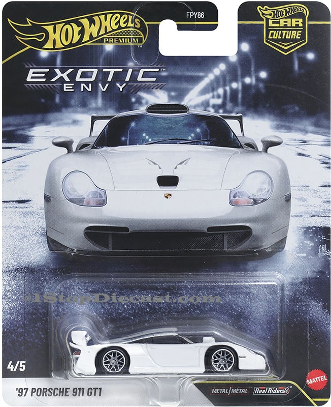 Hot Wheels Car Culture Exotic Envy 2027 five-car set with Pagani Zonda C12 S, Ferrari F40, Bugatti EB110 SS, Porsche 911 GT1 and Dodge Viper