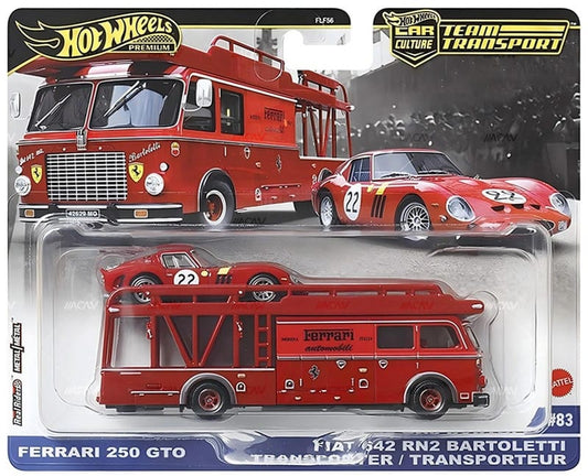 Hot Wheels Team Transport set featuring red Fiat 642 RN2 Bartoletti Transporter and Ferrari 250 GTO, both new castings with detailed Ferrari racing graphics and Real Riders wheels.