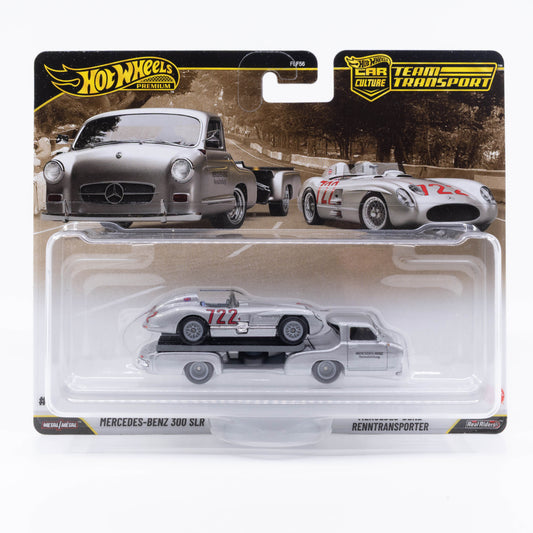 Hot Wheels Car Culture Team Transport #89 with silver Mercedes-Benz 300 SLR and Renntransporter.