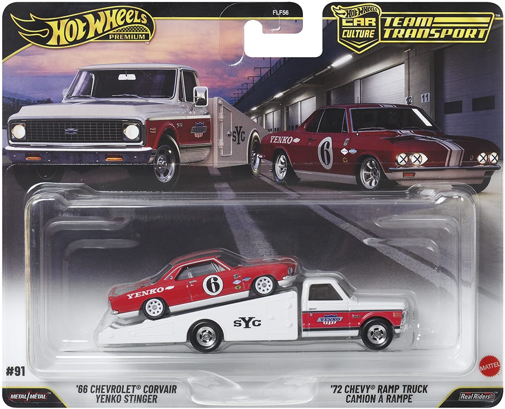 Hot Wheels Team Transport ’66 Chevrolet Corvair Yenko Stinger and ’72 Chevy Ramp Truck 1:64 set.