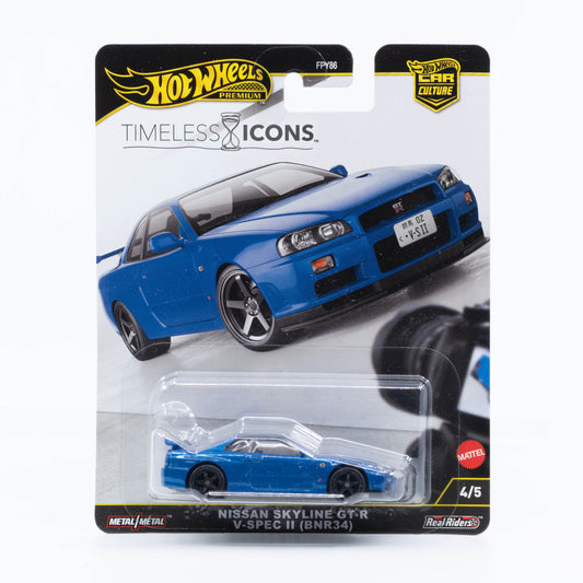 Hot Wheels 1:64 Nissan Skyline GT-R V-Spec II R34 blue premium Timeless Icons model.