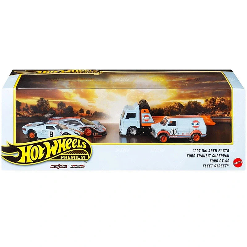 Hot Wheels Collector Set Gulf edition with McLaren F1 GTR Long Tail Ford GT40 Transit Supervan and Fleet Street 1:64 models