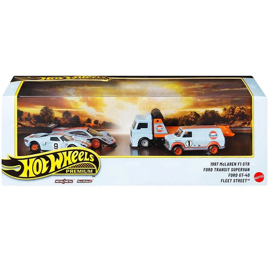 Hot Wheels Collector Set Gulf edition with McLaren F1 GTR Long Tail Ford GT40 Transit Supervan and Fleet Street 1:64 models