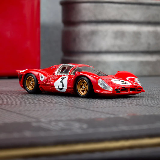 1:64 Hot Wheels Elite 64 Ferrari 330 P4 Rosso Corsa with opening rear clamshell and engine detail.