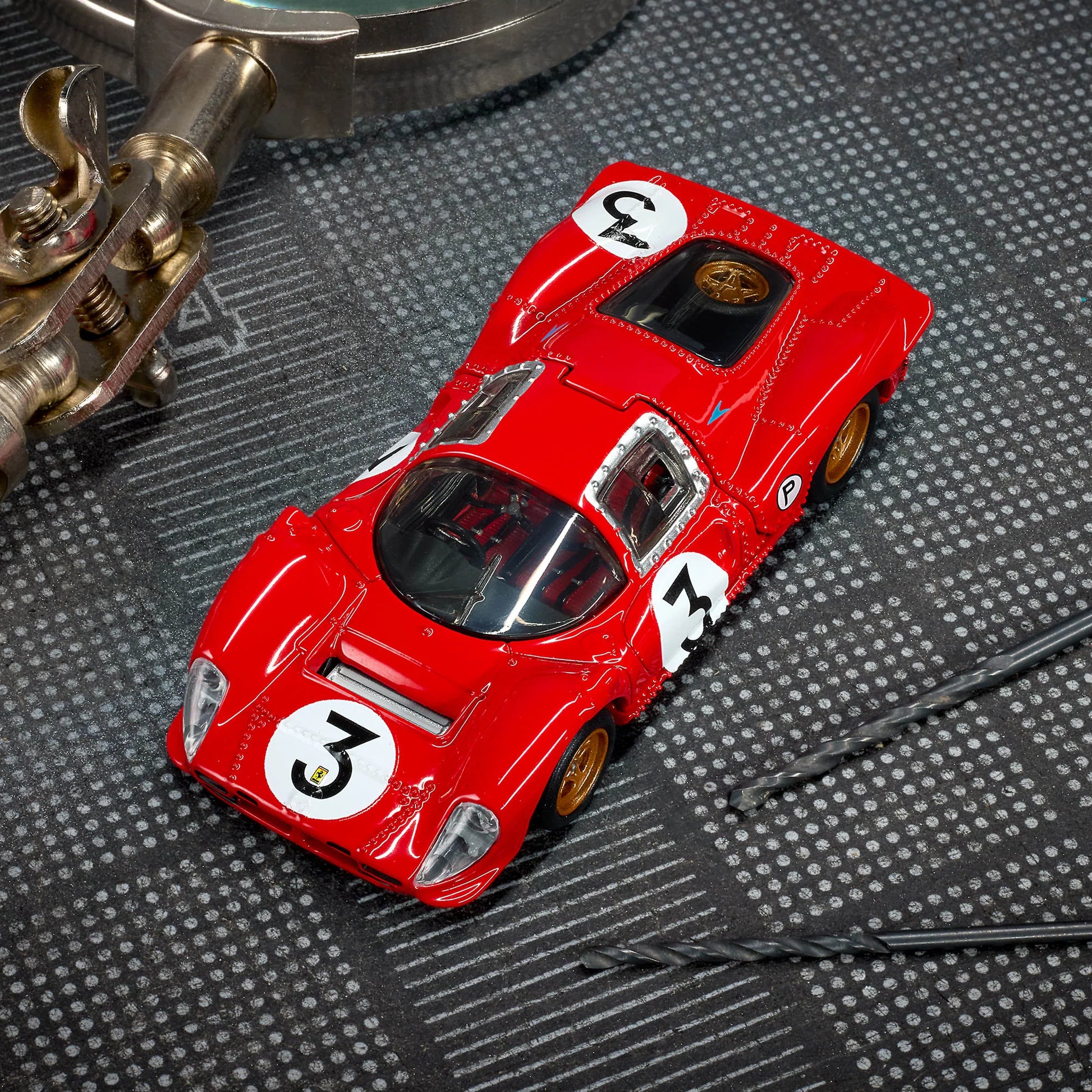 1:64 Hot Wheels Elite 64 Ferrari 330 P4 Rosso Corsa with opening rear clamshell and engine detail.
