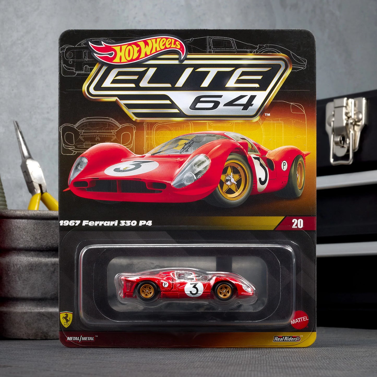 1:64 Hot Wheels Elite 64 Ferrari 330 P4 Rosso Corsa with opening rear clamshell and engine detail.