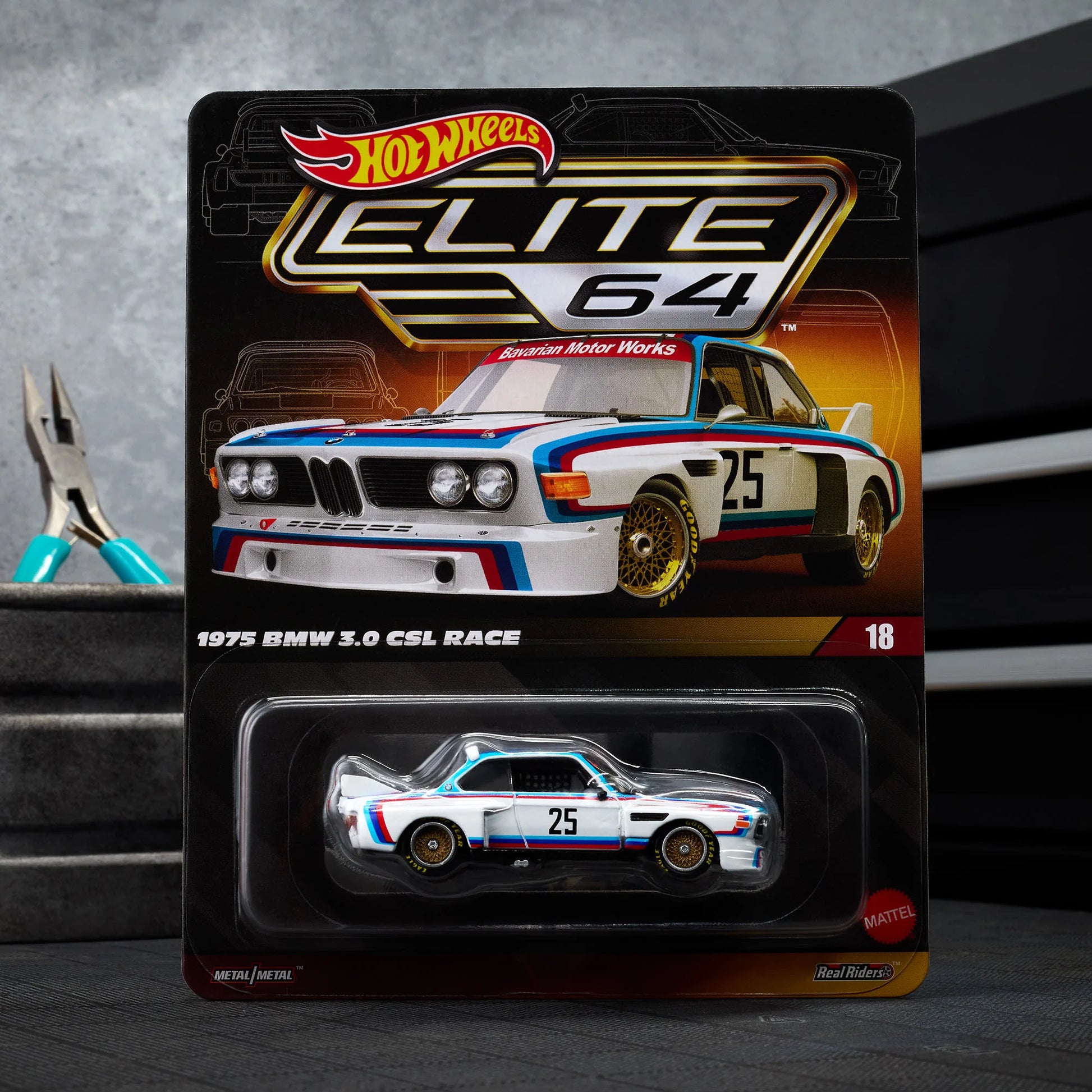 Hot Wheels Elite 64 1975 BMW 3.0 CSL Race gloss white premium die-cast model.