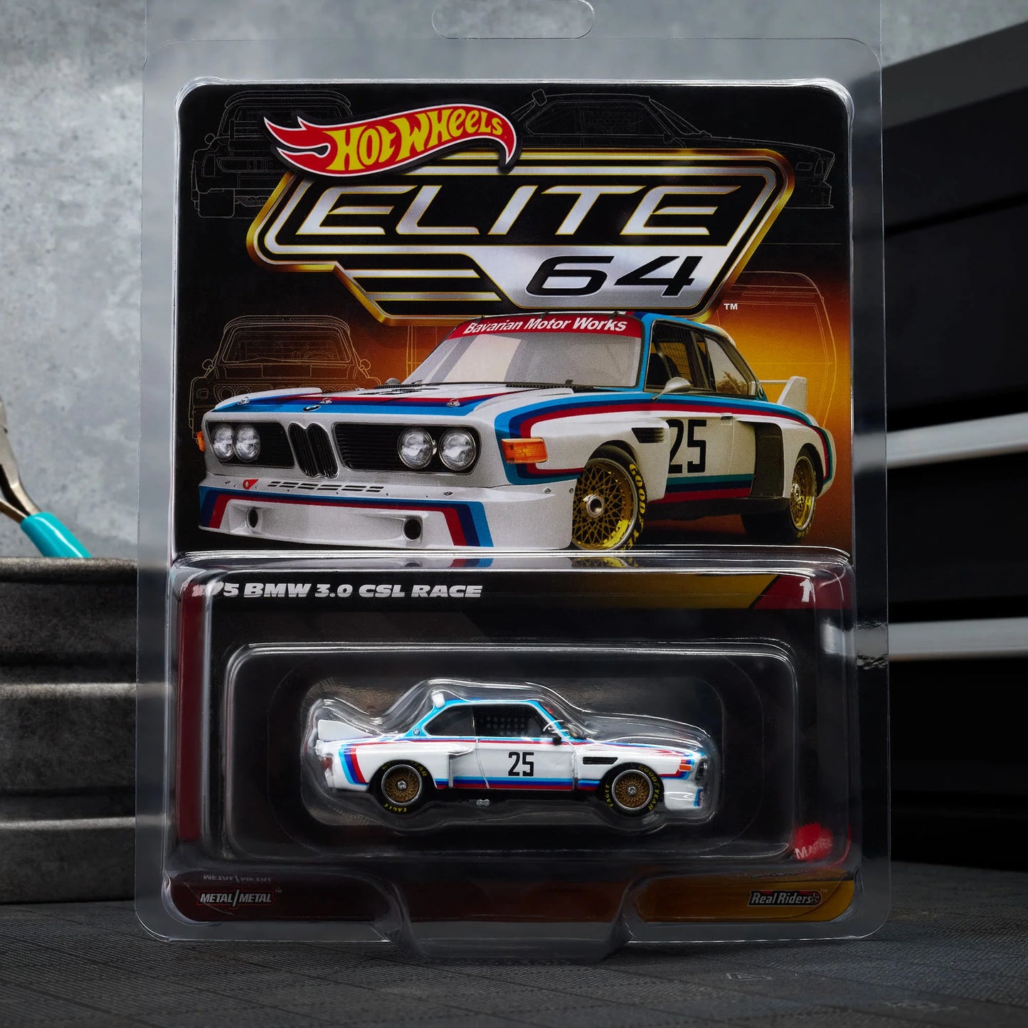 Hot Wheels Elite 64 1975 BMW 3.0 CSL Race gloss white premium die-cast model.