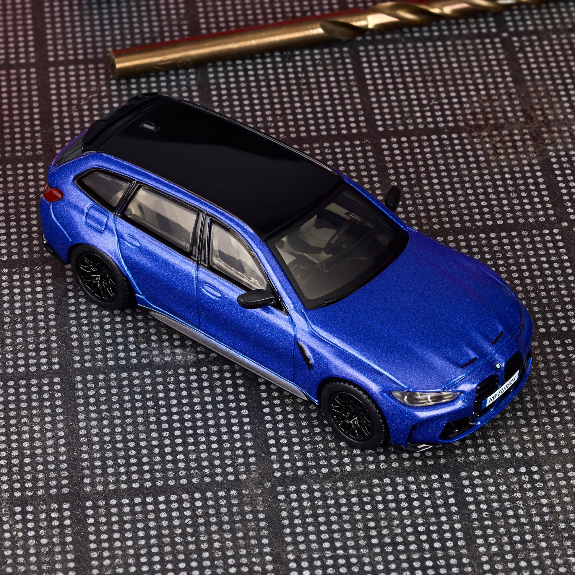 Hot Wheels Elite 64 BMW M3 Touring premium 1:64 scale diecast car. Angled top