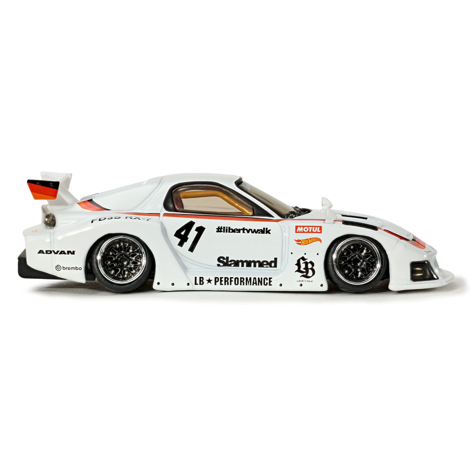 Hot Wheels Elite 64 Mazda RX-7 Liberty Walk in white LBWK race livery.
