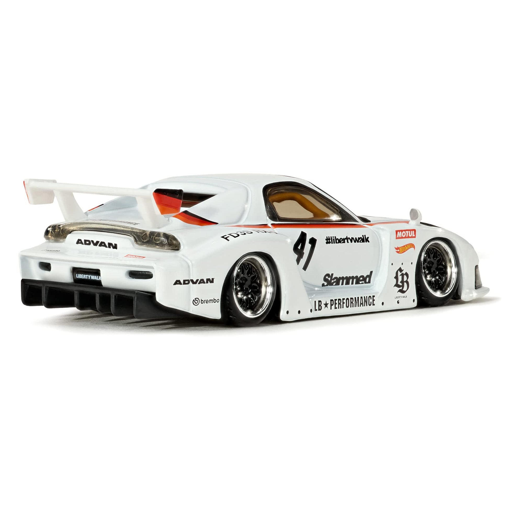 Hot Wheels Elite 64 Mazda RX-7 Liberty Walk in white LBWK race livery.