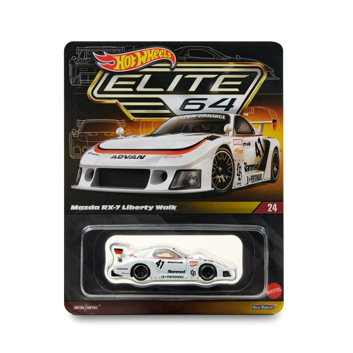 Hot Wheels Elite 64 Mazda RX-7 Liberty Walk in white LBWK race livery.