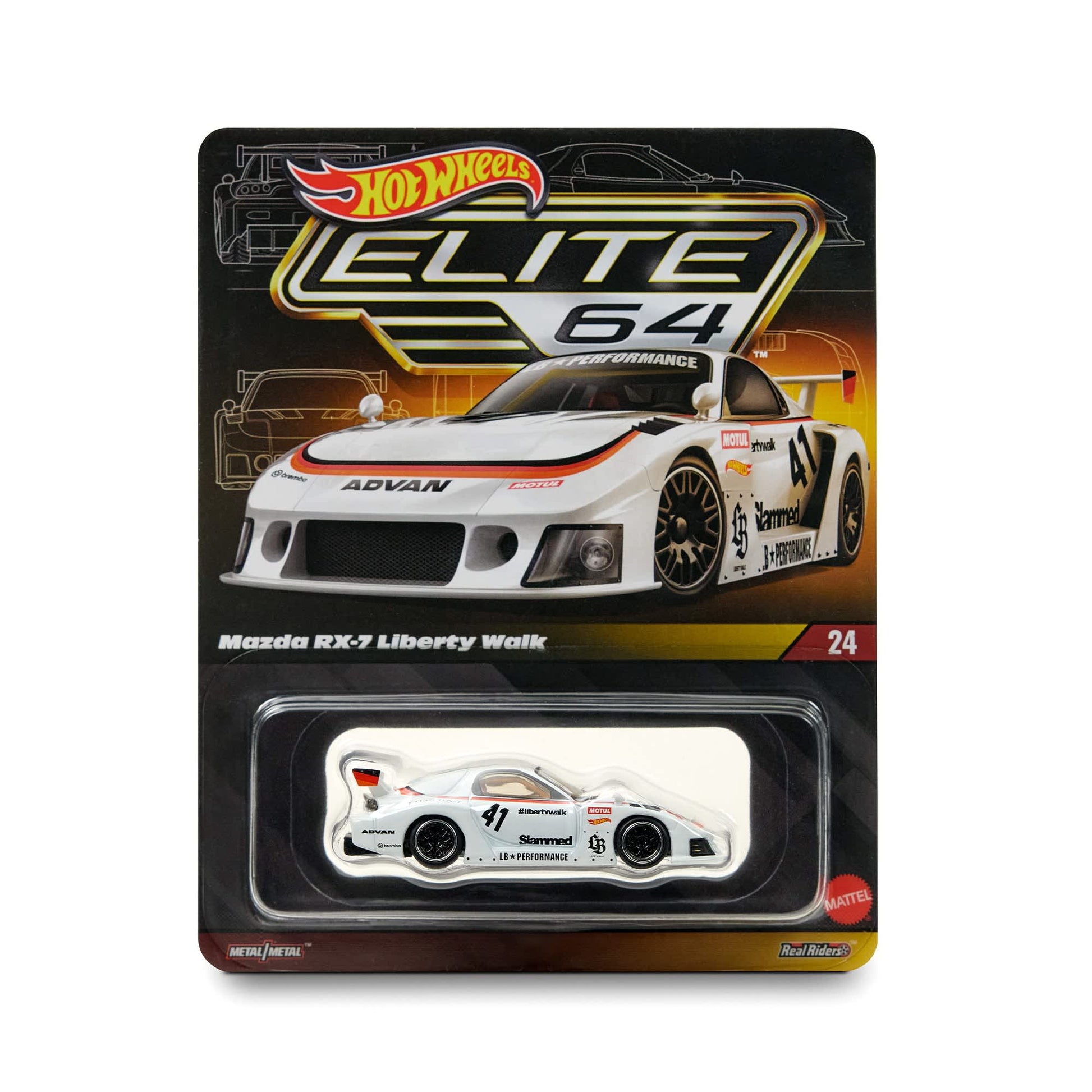 Hot Wheels Elite 64 Mazda RX-7 Liberty Walk in white LBWK race livery.