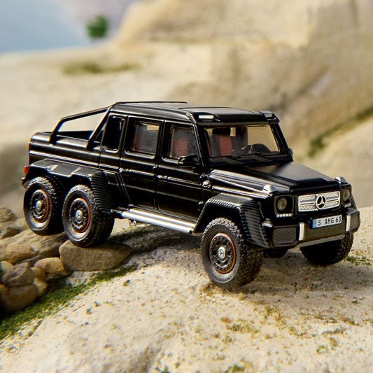 Hot Wheels Elite 64 Mercedes-Benz G 63 AMG 6x6 in matte black with Real Riders wheels and detailed 1:64 construction.