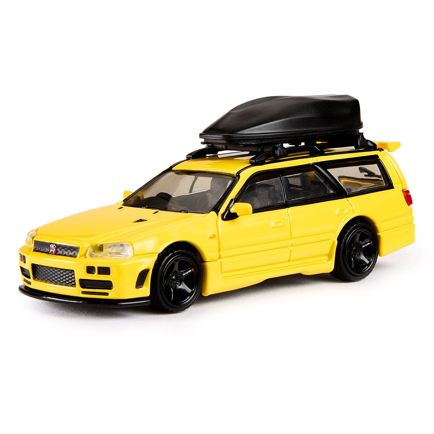 Hot Wheels Elite 64 Mod Shop Nissan Stagea in gloss yellow with interchangeable GT-R front end, opening hood, RB26 engine, and accessory kit.