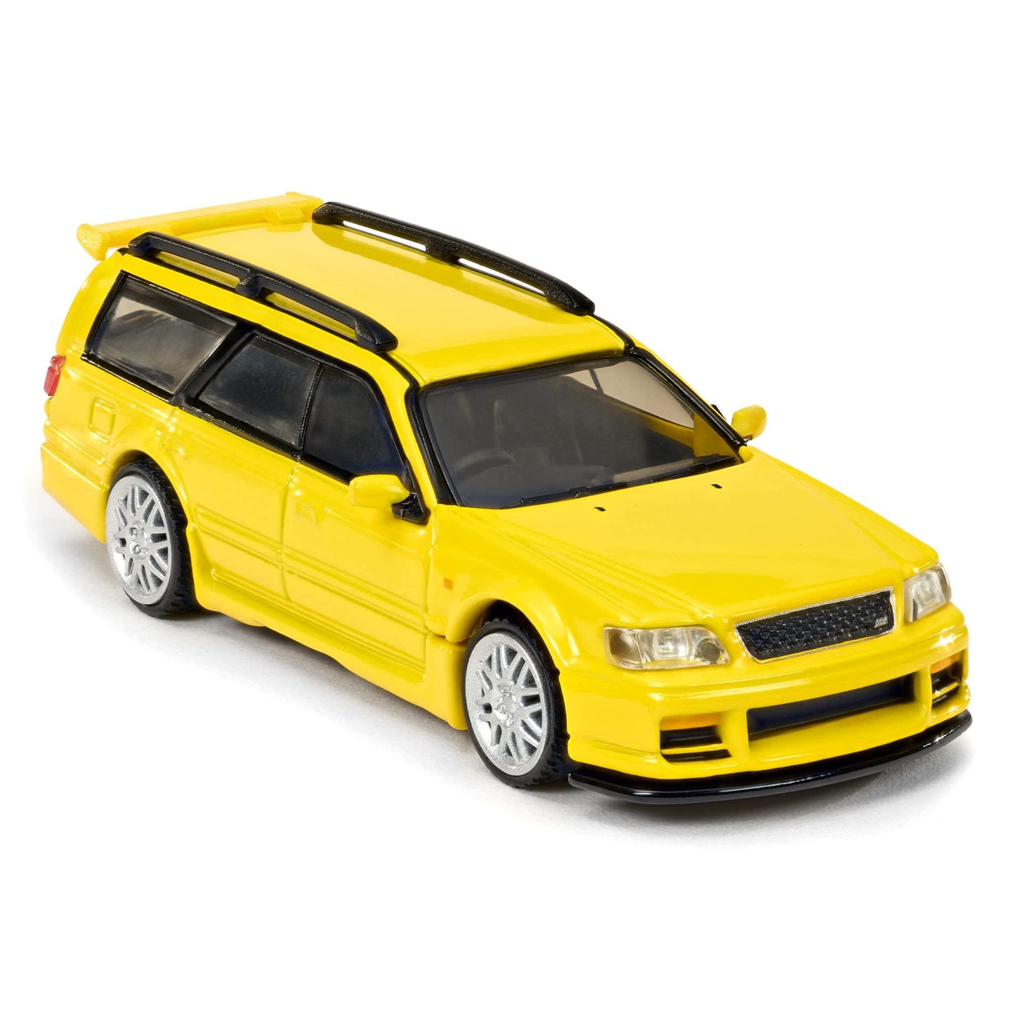 Hot Wheels Elite 64 Mod Shop Nissan Stagea in gloss yellow with interchangeable GT-R front end, opening hood, RB26 engine, and accessory kit.