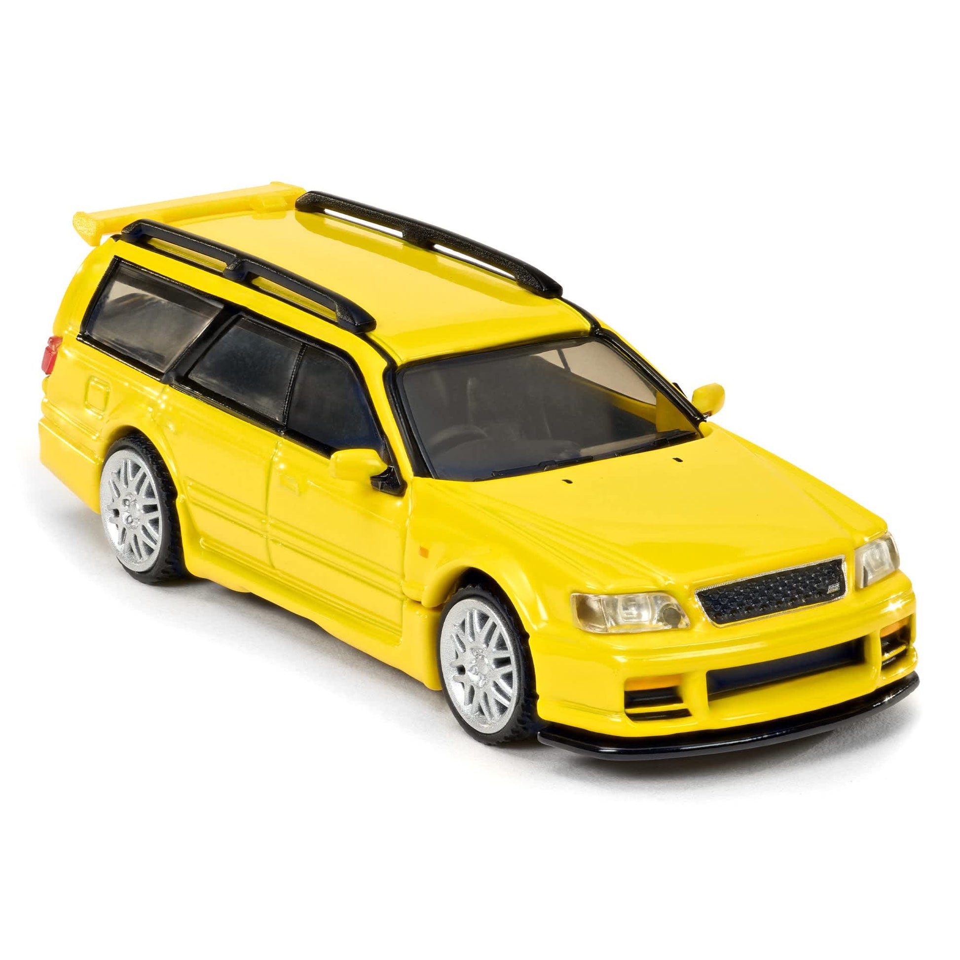 Hot Wheels Elite 64 Mod Shop Nissan Stagea in gloss yellow with interchangeable GT-R front end, opening hood, RB26 engine, and accessory kit.