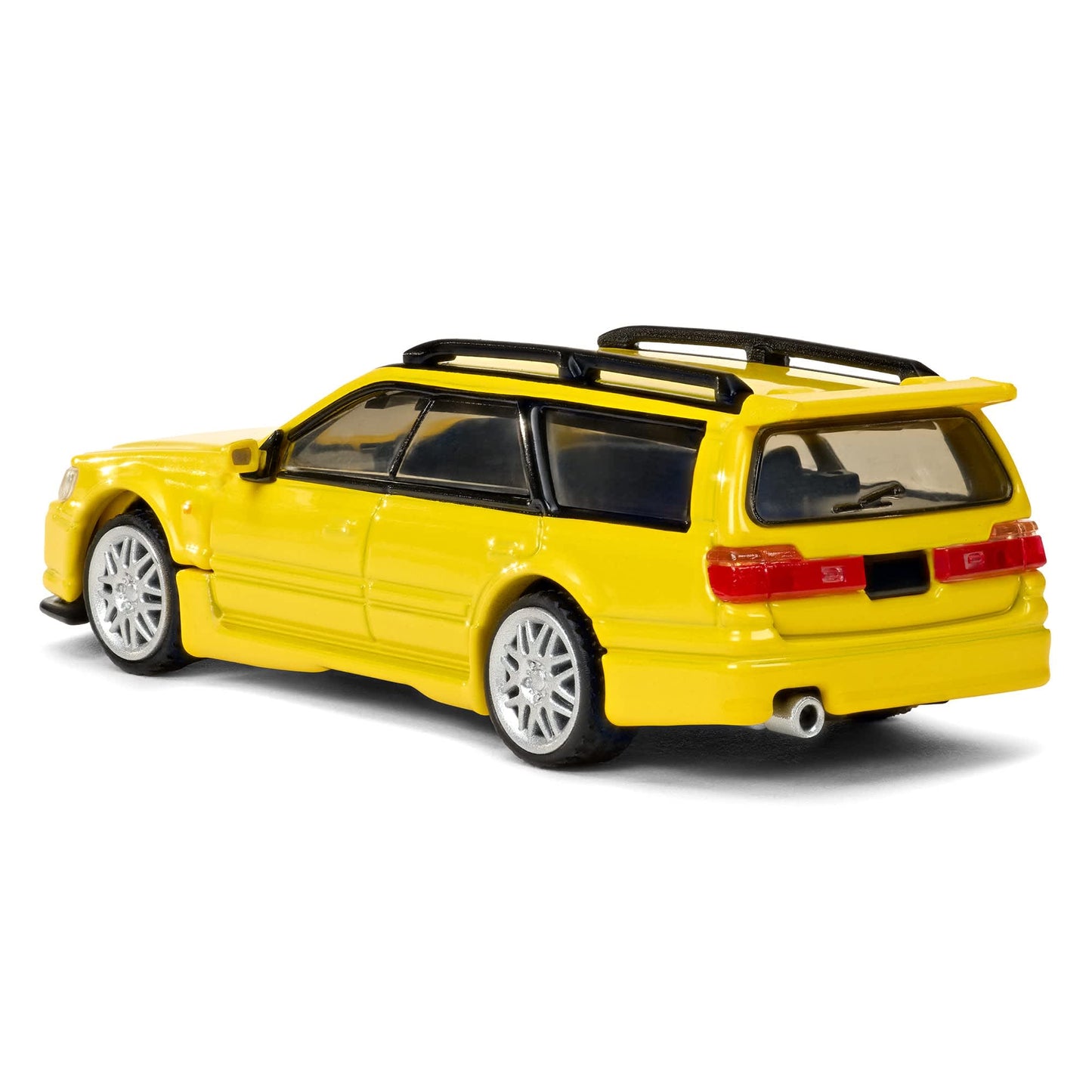 Hot Wheels Elite 64 Mod Shop Nissan Stagea in gloss yellow with interchangeable GT-R front end, opening hood, RB26 engine, and accessory kit.