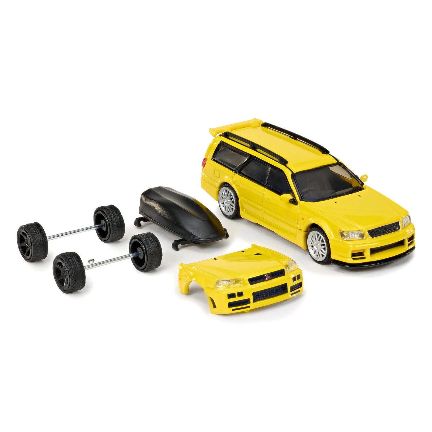 Hot Wheels Elite 64 Mod Shop Nissan Stagea in gloss yellow with interchangeable GT-R front end, opening hood, RB26 engine, and accessory kit.