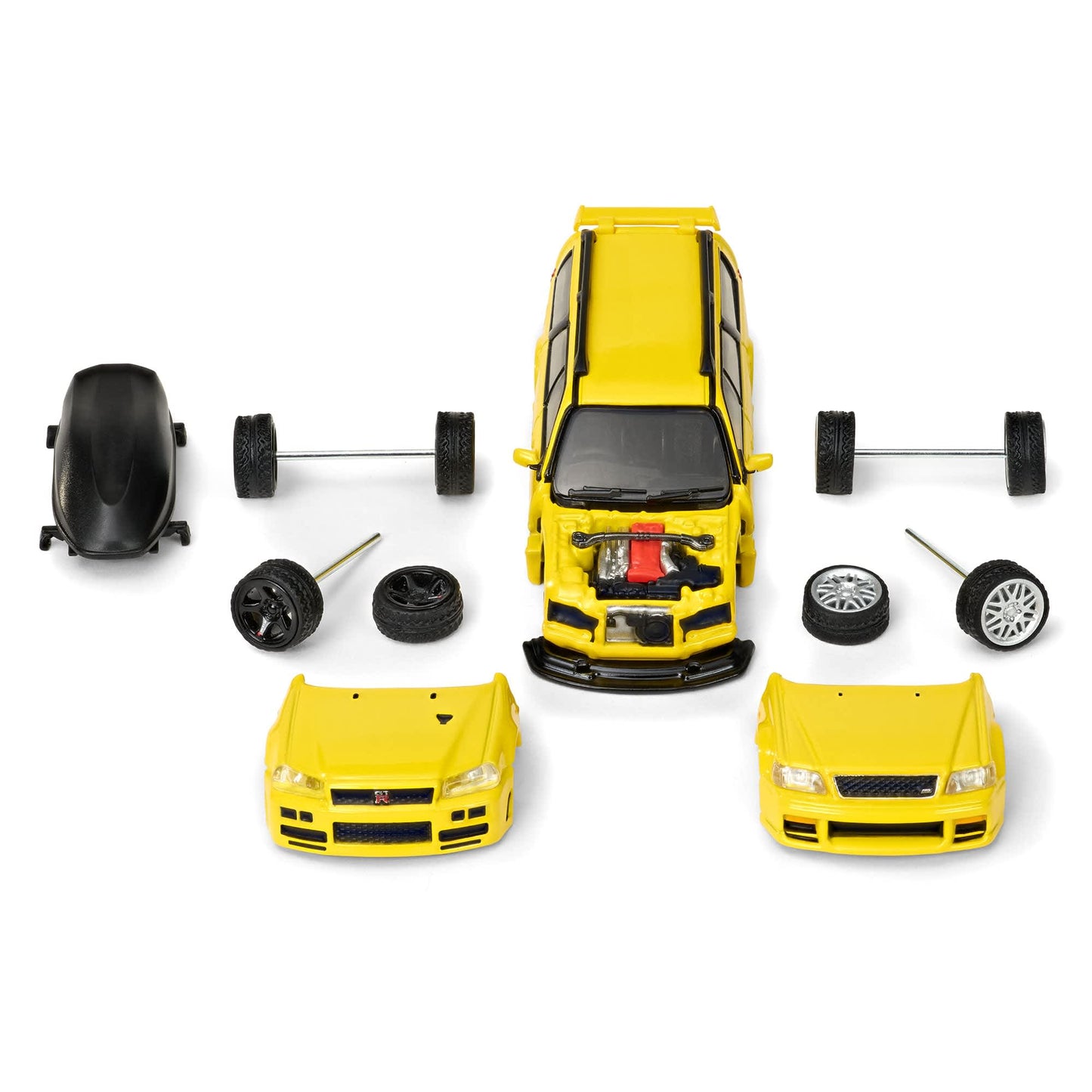 Hot Wheels Elite 64 Mod Shop Nissan Stagea in gloss yellow with interchangeable GT-R front end, opening hood, RB26 engine, and accessory kit.