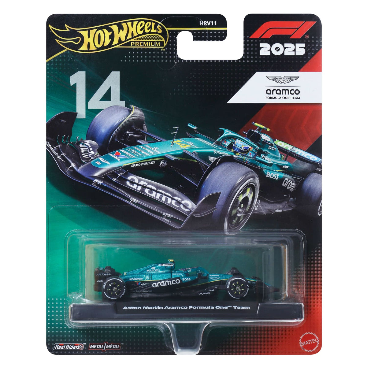 Hot Wheels Premium 1:64 Aston Martin Aramco AMR25 #14 Fernando Alonso 2025 Formula 1 diecast car.