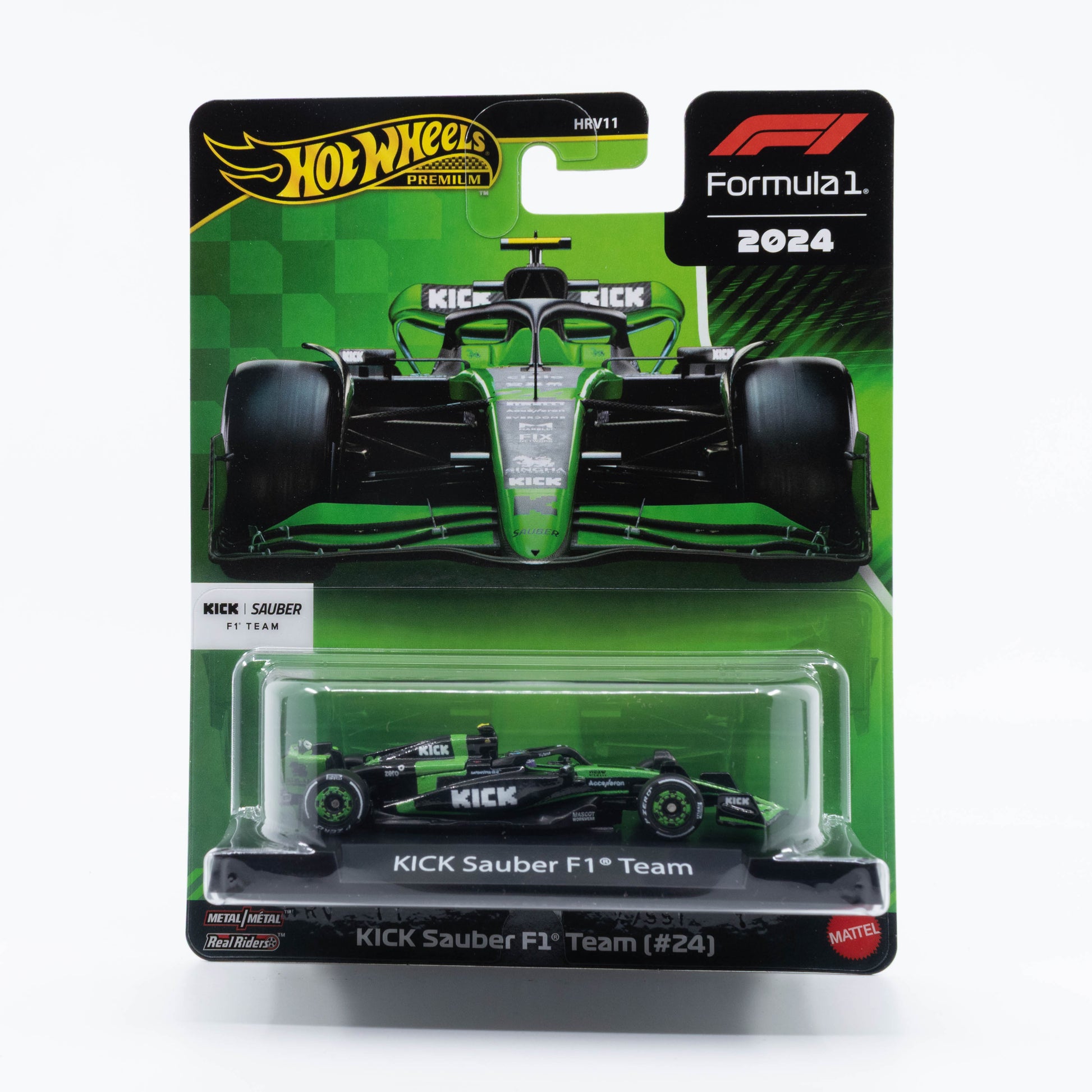 Hot Wheels F1 1:64 Kick Sauber F1 Team (#24) diecast model, 2024 season Zhou Guanyu livery collectible.