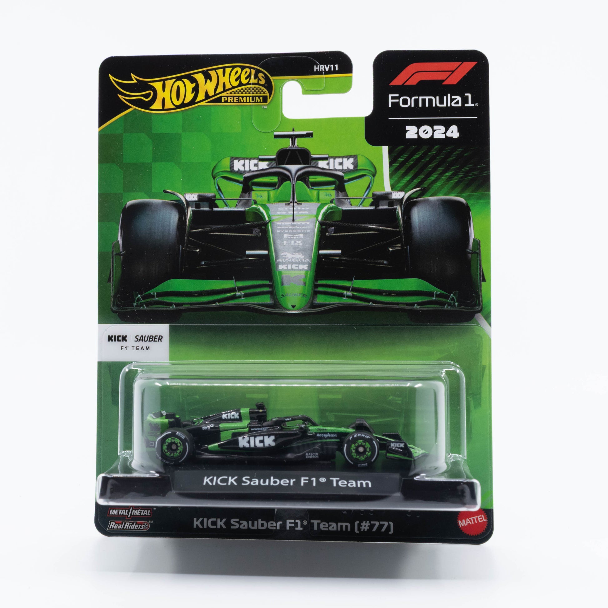 Hot Wheels F1 1:64 Kick Sauber F1 Team (#77) diecast model, 2024 season Valtteri Bottas livery collectible.