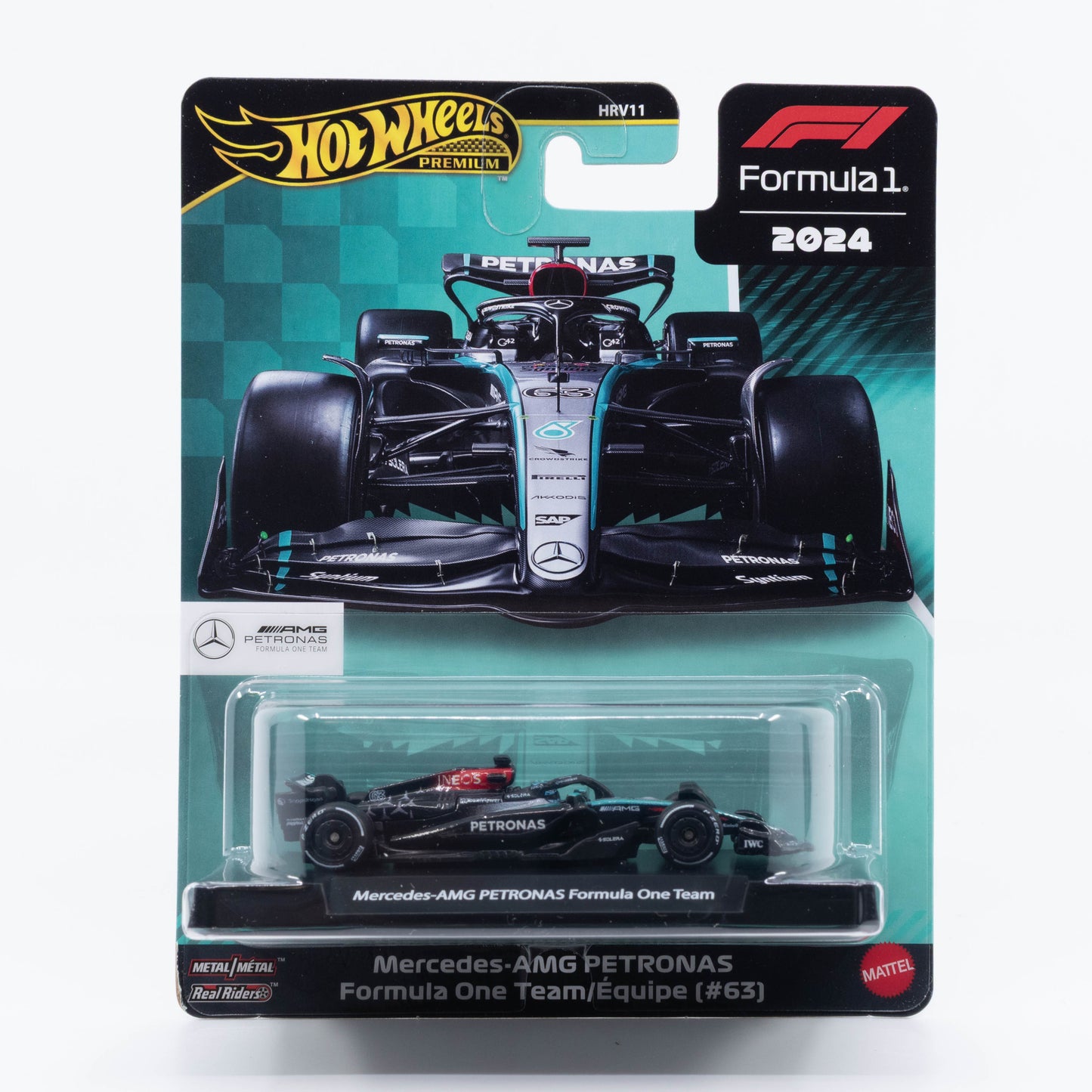 1:64 Hot Wheels Mercedes-AMG Petronas Formula One Team #63 George Russell 2024 – die-cast F1 race car model.