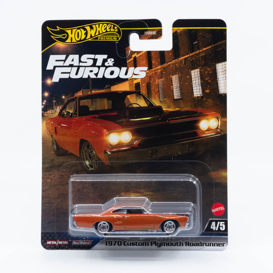 Hot Wheels Fast & Furious 1970 Custom Plymouth Roadster diecast car model in 1:64 scale with custom paint and Fast & Furious decals