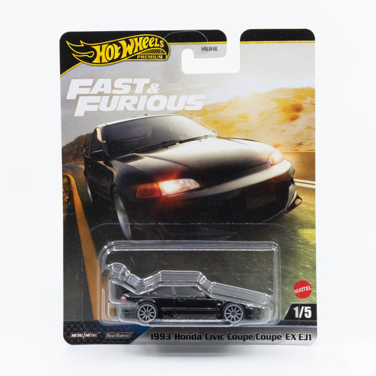 Hot Wheels 1:64 scale 1993 Honda Civic Coupe EX EJ1 in black, modeled after the car from the first Fast & Furious movie.