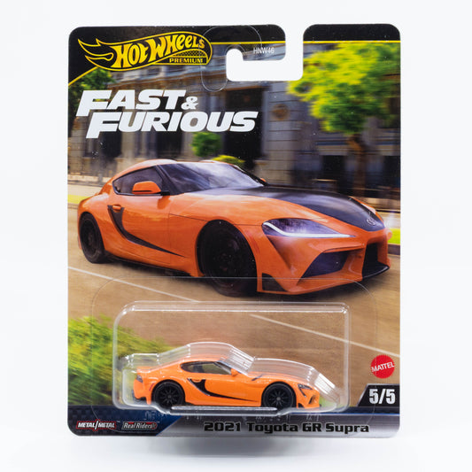 Hot Wheels Fast & Furious 2021 Toyota GR Supra diecast car model in 1:64 scale with Fast & Furious decals and detailed design