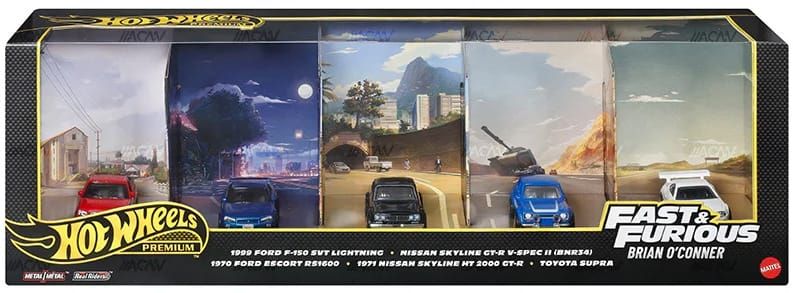 Hot Wheels Fast & Furious Brian O'Connor Premium bundle with five iconic movie cars.