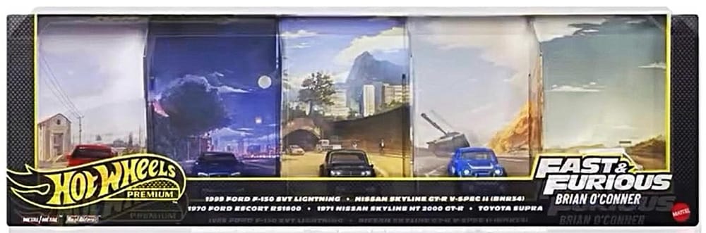 Hot Wheels Fast & Furious Brian O'Connor Premium bundle with five iconic movie cars.