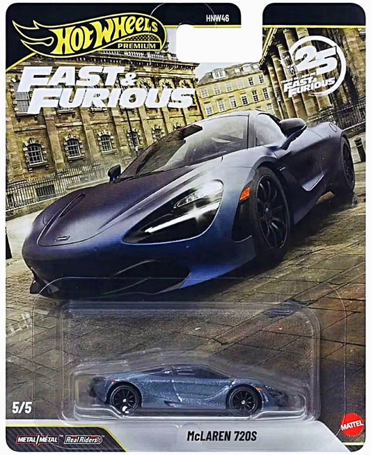 Hot Wheels Fast & Furious Premium McLaren 720S with Real Riders in detailed 1:64 scale.