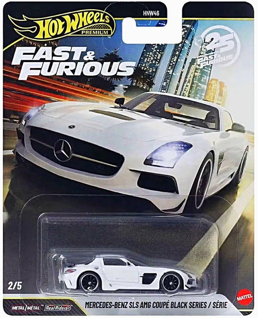 Hot Wheels Fast & Furious Premium Mercedes-Benz SLS AMG Coupé Black Series new casting in 1:64 scale.