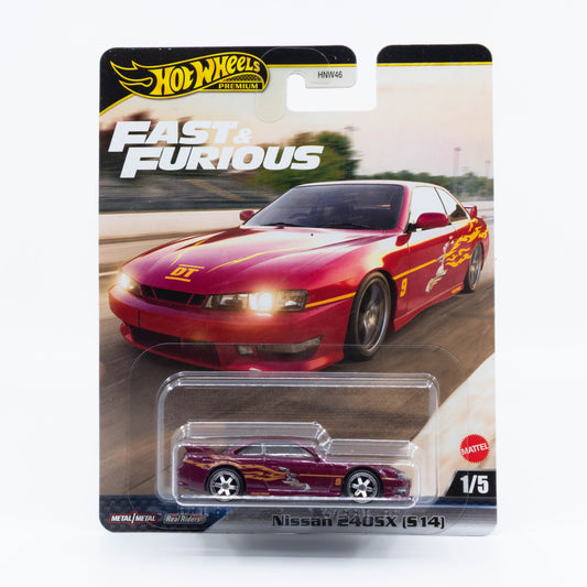 Hot Wheels Fast & Furious Nissan 240SX (S14) diecast car model in 1:64 scale with Fast & Furious movie-inspired decals