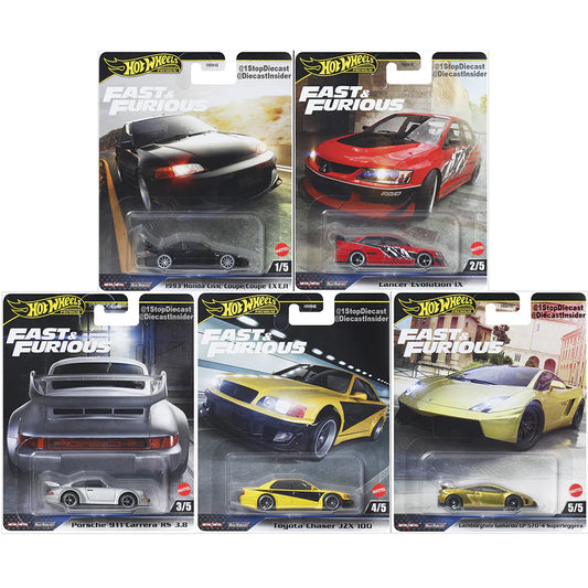 Hot Wheels Fast & Furious Premium Mix 4 full set featuring Honda Civic EJ1, Evo IX, Porsche 911 RS, Toyota Chaser JZX100, and Lamborghini Gallardo.