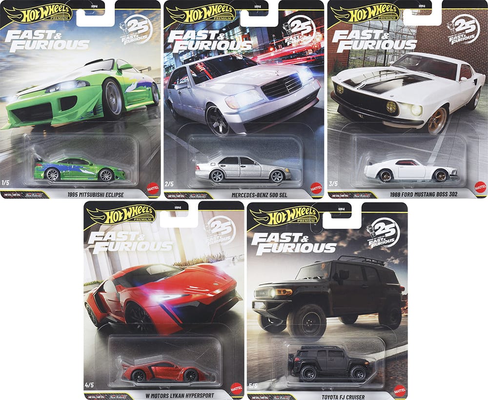 Hot Wheels Fast & Furious 2026 Mix 1 including Mercedes-Benz 500 SEL, Lykan Hypersport, ’69 Ford Mustang Boss 302, Toyota FJ Cruiser, and 1995 Mitsubishi Eclipse in collectible diecast 1:64 scale.