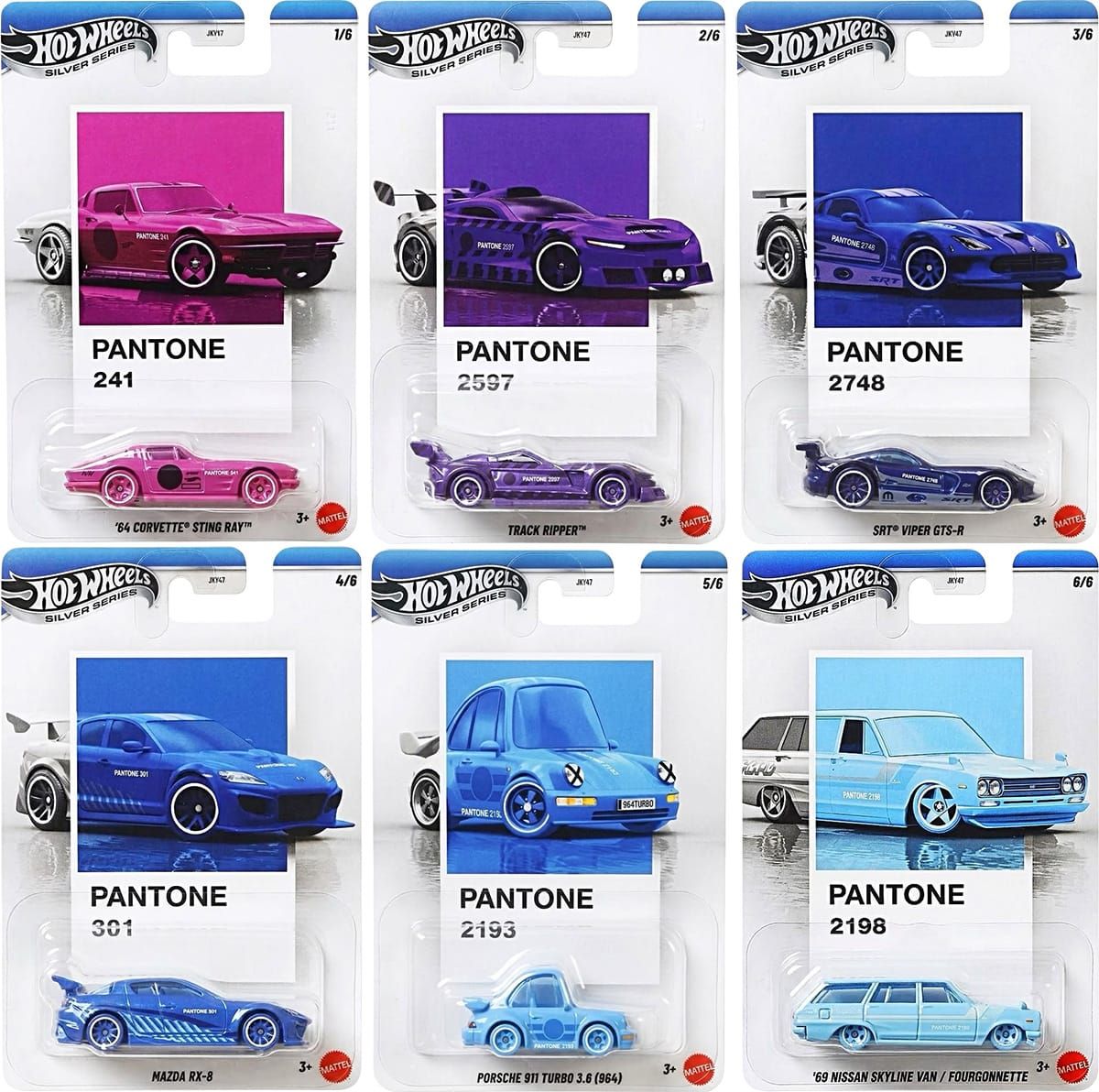 Hot Wheels Silver Series Pantone Mix 3 six-car set featuring Corvette Sting Ray, Track Ripper, Viper GTS-R, Mazda RX-8, Porsche 964 and Skyline Van