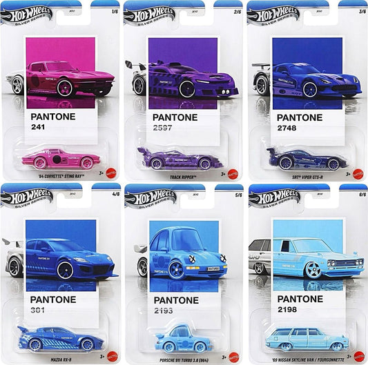 Hot Wheels Silver Series Pantone Mix 3 six-car set featuring Corvette Sting Ray, Track Ripper, Viper GTS-R, Mazda RX-8, Porsche 964 and Skyline Van
