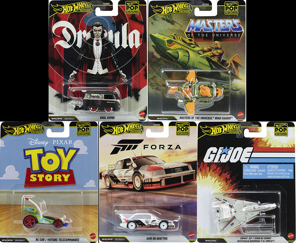 Hot Wheels Pop Culture 2026 Mix 4 set with F14 Tomcat Audi Quattro Wind Raider RC Car and Kool Kombi