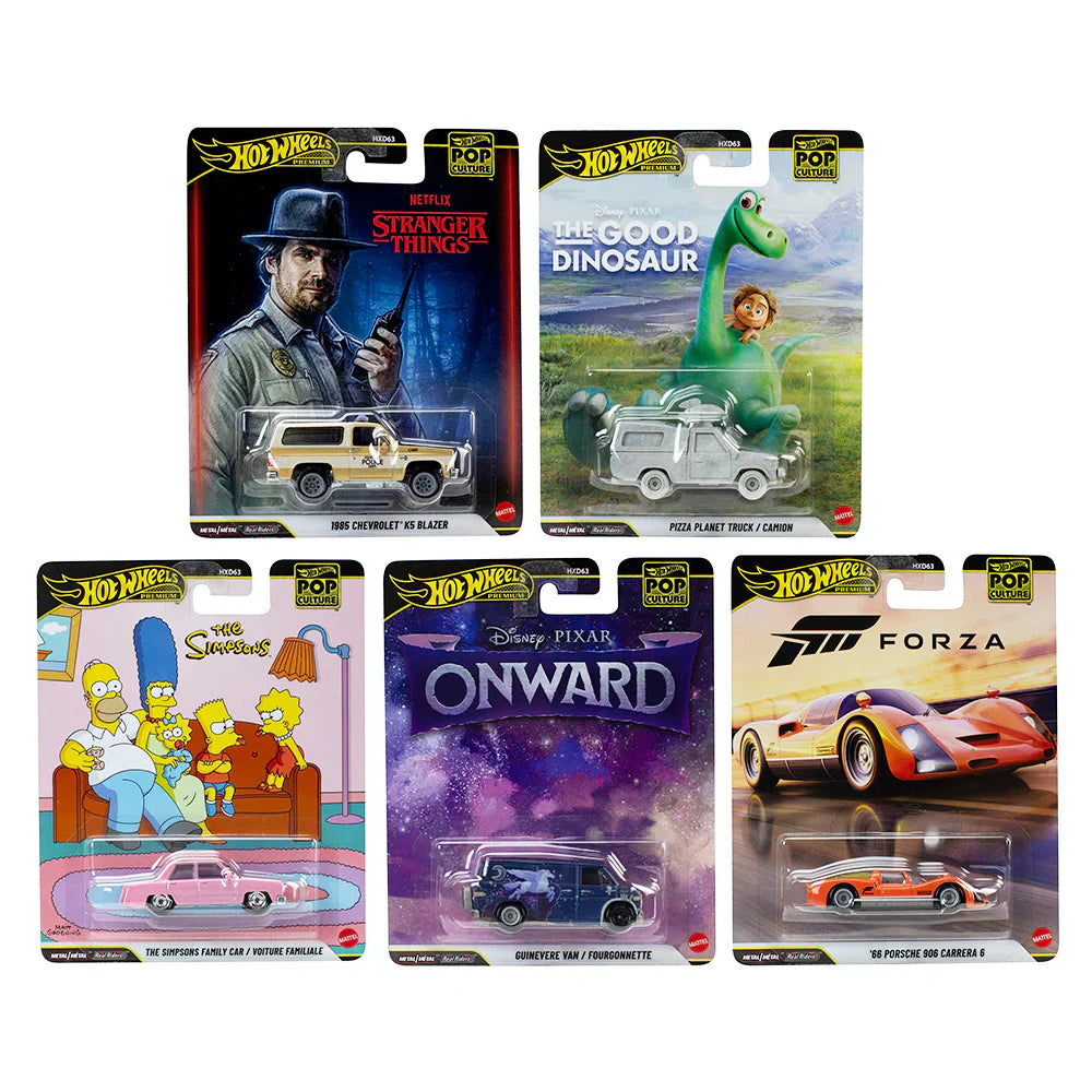 Hot Wheels Pop Culture 2026 Mix 5 premium set featuring vehicles from Pixar, The Simpsons, Stranger Things, and Forza.