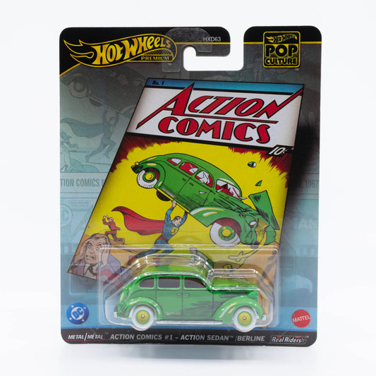 Hot Wheels Pop Culture 1:64 Action Comics #1 Action Sedan – Superman lifting car from first comic cover